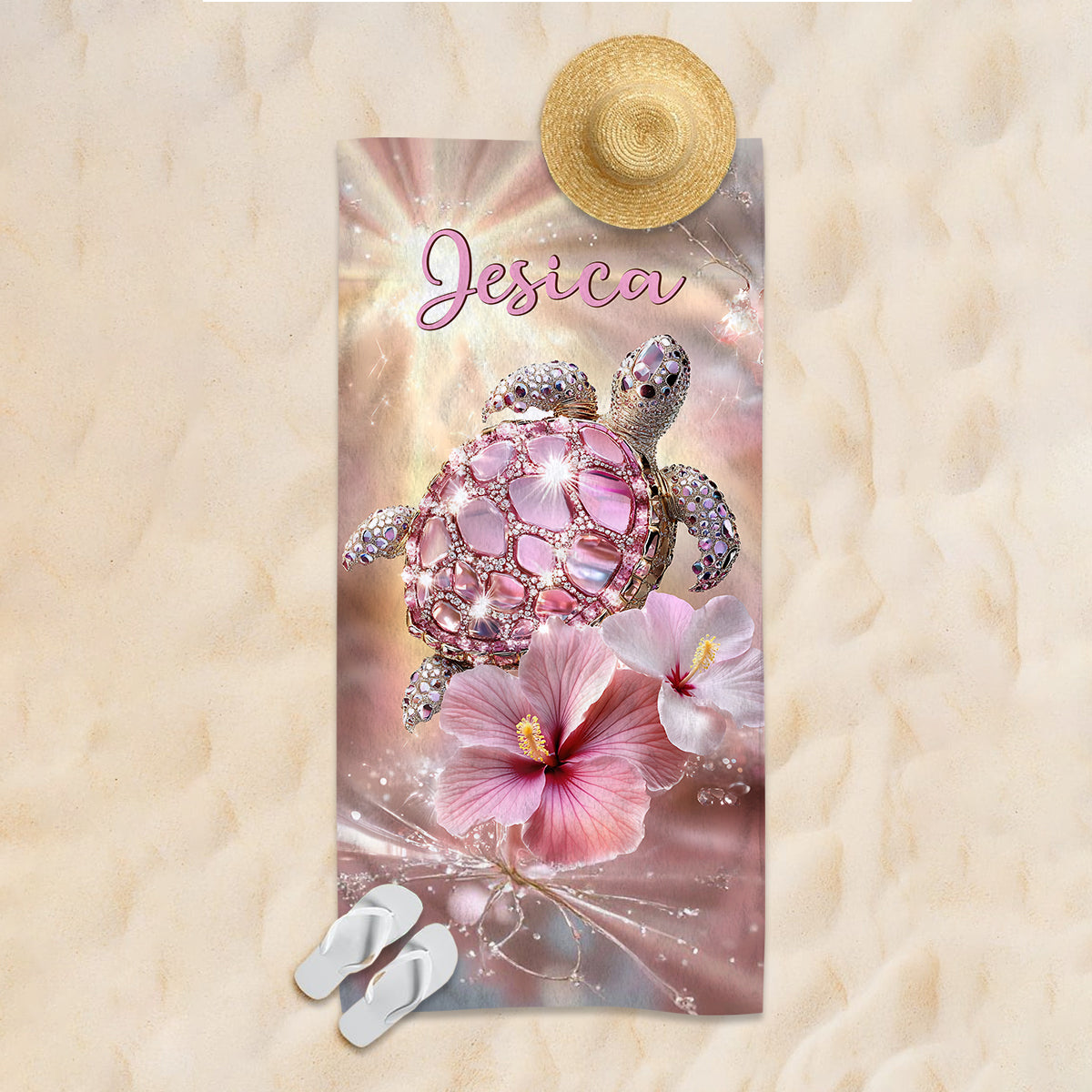 Rieche das Meer, spüre die Brise – personalisiertes, schnelltrocknendes Strand-/Badetuch mit Schildkrötenmotiv