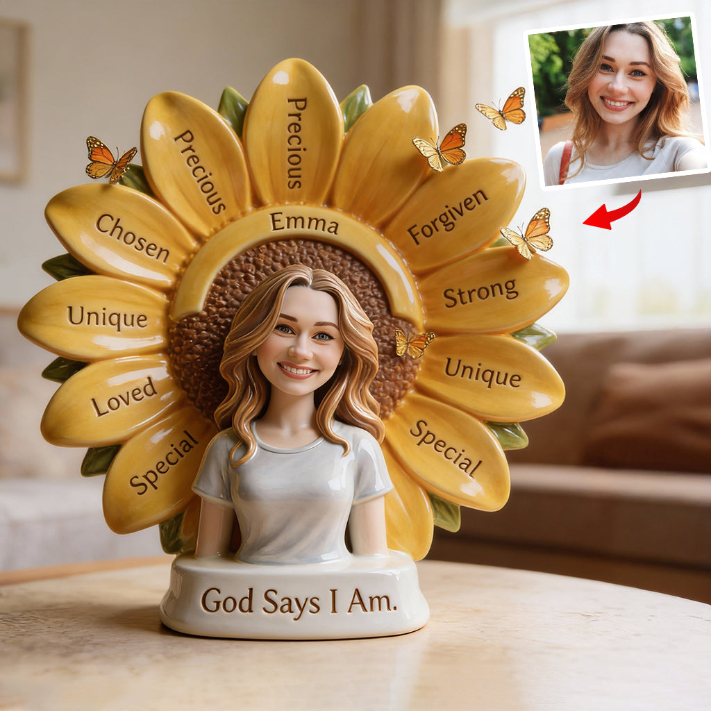 Individuell gestaltbare christliche Acrylplakette mit der Aufschrift „Gott sagt, ich bin“ nach Foto