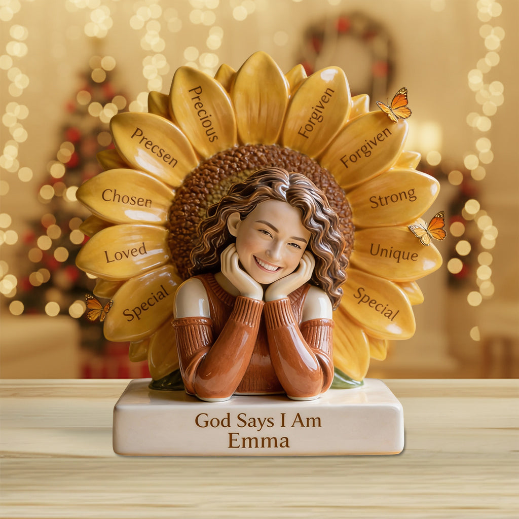 Individuell gestaltbare christliche Acrylplakette mit der Aufschrift „Gott sagt, ich bin“ nach Foto