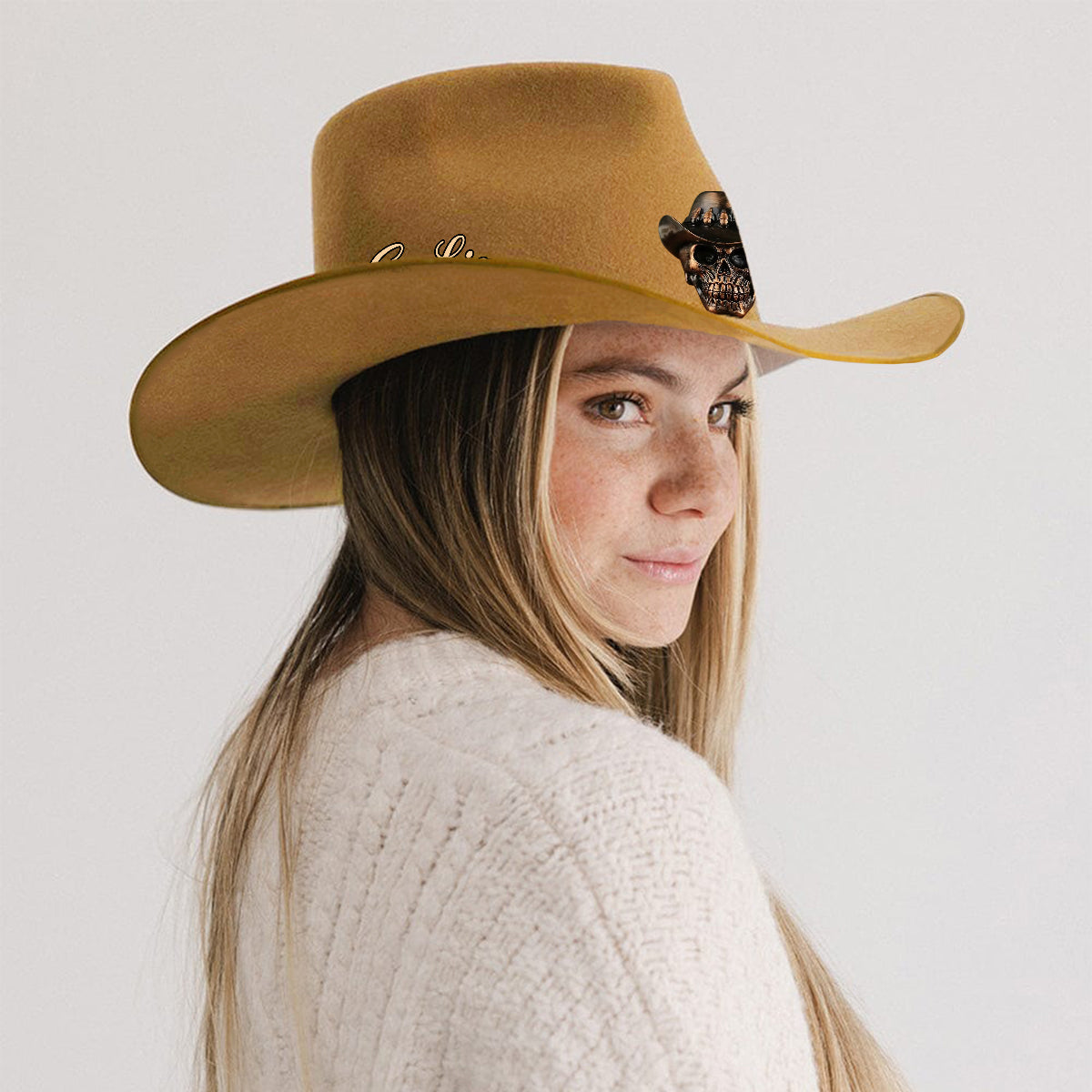 Menschlicher Schädel, Skelett, Kopfknochen, Cowboy-Stil – Personalisierter Cowboyhut mit breiter Krempe im Western-Stil