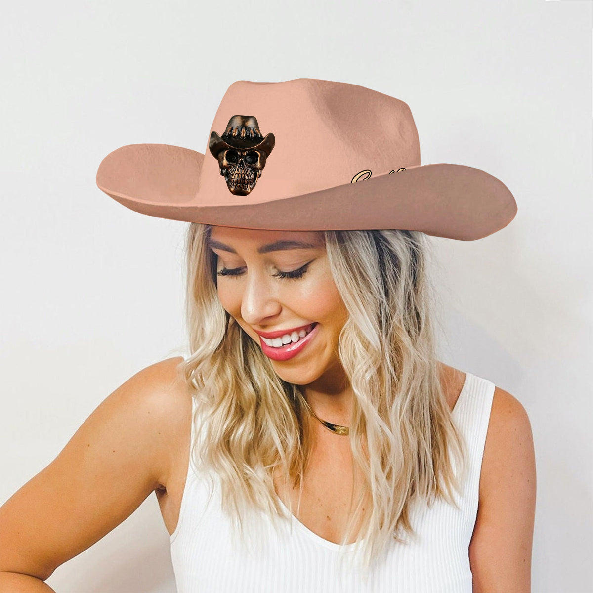 Menschlicher Schädel, Skelett, Kopfknochen, Cowboy-Stil – Personalisierter Cowboyhut mit breiter Krempe im Western-Stil