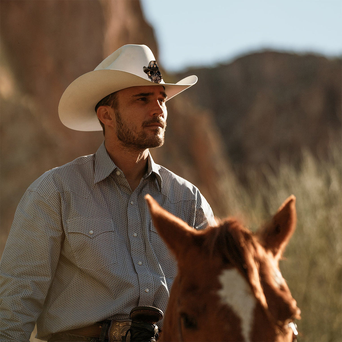 Menschlicher Schädel, Skelett, Kopfknochen, Cowboy-Stil – Personalisierter Cowboyhut mit breiter Krempe im Western-Stil