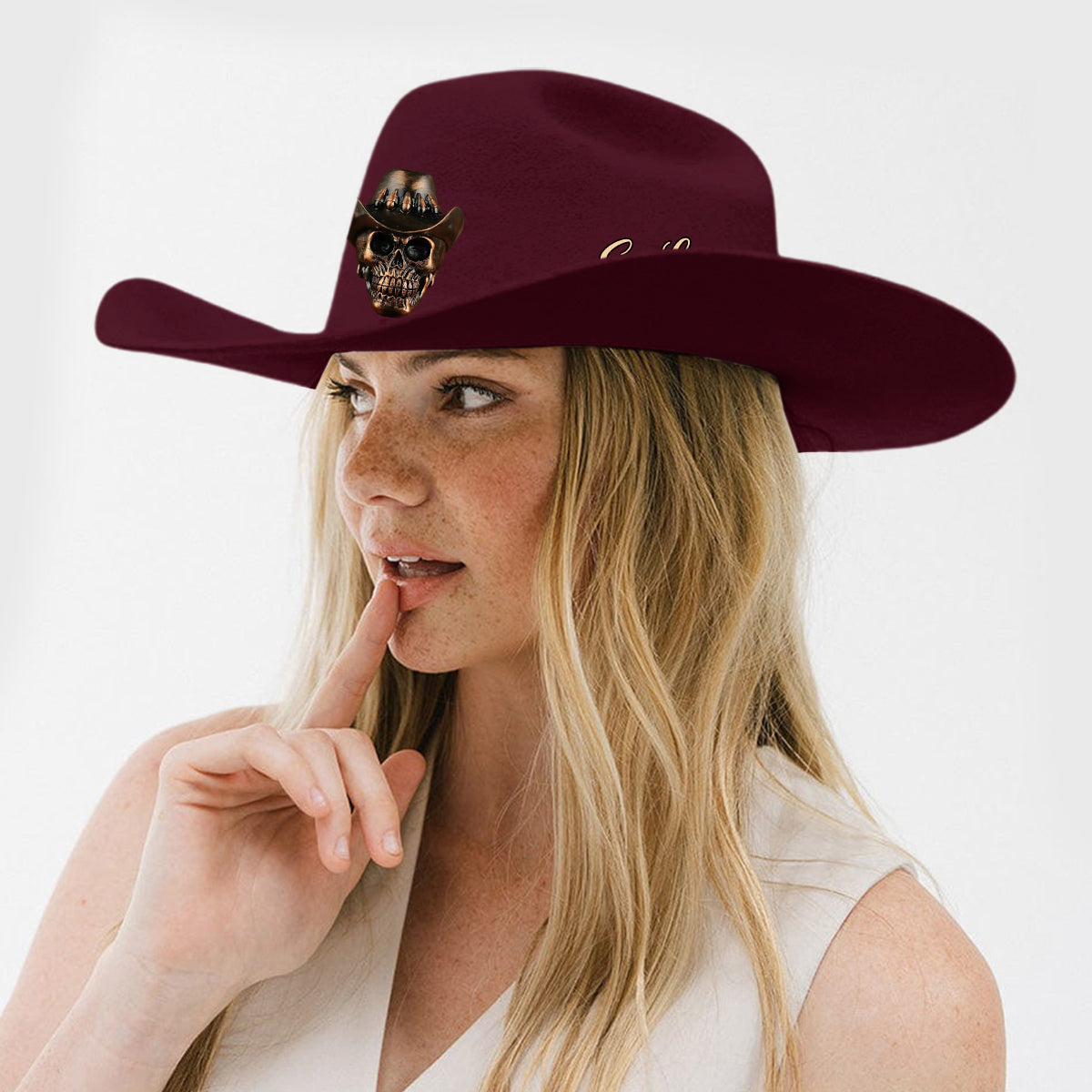 Menschlicher Schädel, Skelett, Kopfknochen, Cowboy-Stil – Personalisierter Cowboyhut mit breiter Krempe im Western-Stil