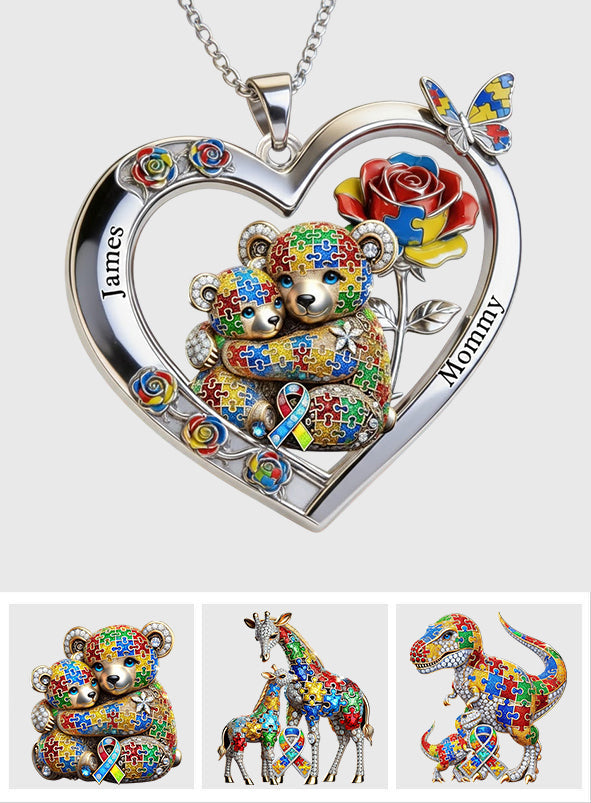 Any Animal Strong Mama - Personalized Autism Awareness Shaped Metal Pendant Necklace