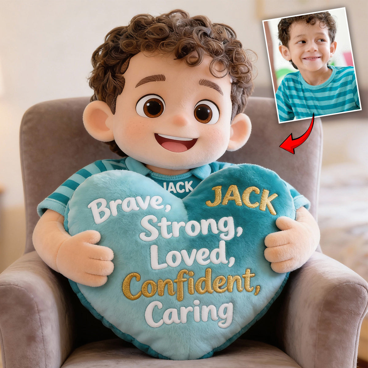 Brave, Strong, Loved - Affirmations Gift - Personalized Kid Faux Fur Shaped Pillow