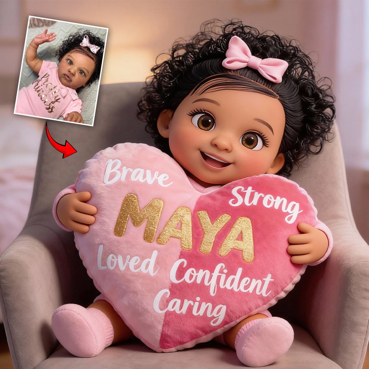 Brave, Strong, Loved - Affirmations Gift - Personalized Kid Faux Fur Shaped Pillow