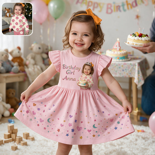 Geburtstagskleid, individuell aus jedem Foto - Personalisiertes Geburtstagskleid für Kinder mit Rüsche