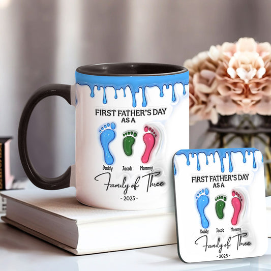 Fußabdruck-Tasse zum ersten Vatertag 2025 – Personalisierte Tasse für Familien mit drei Personen