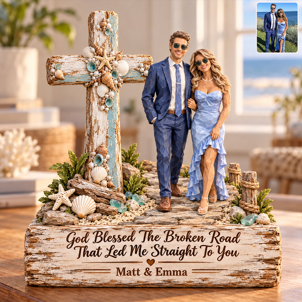 God Blessed The Broken Road That Led Me Straight To You - Personalized Couple Custom Shaped Wood Plaque