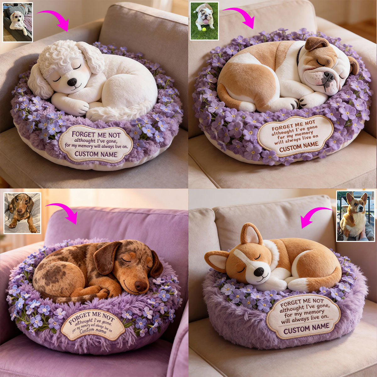 Vergissmeinnicht-Gedenkkissen für geliebte Haustiere – personalisiertes Kissen in Hundeform aus Kunstfell