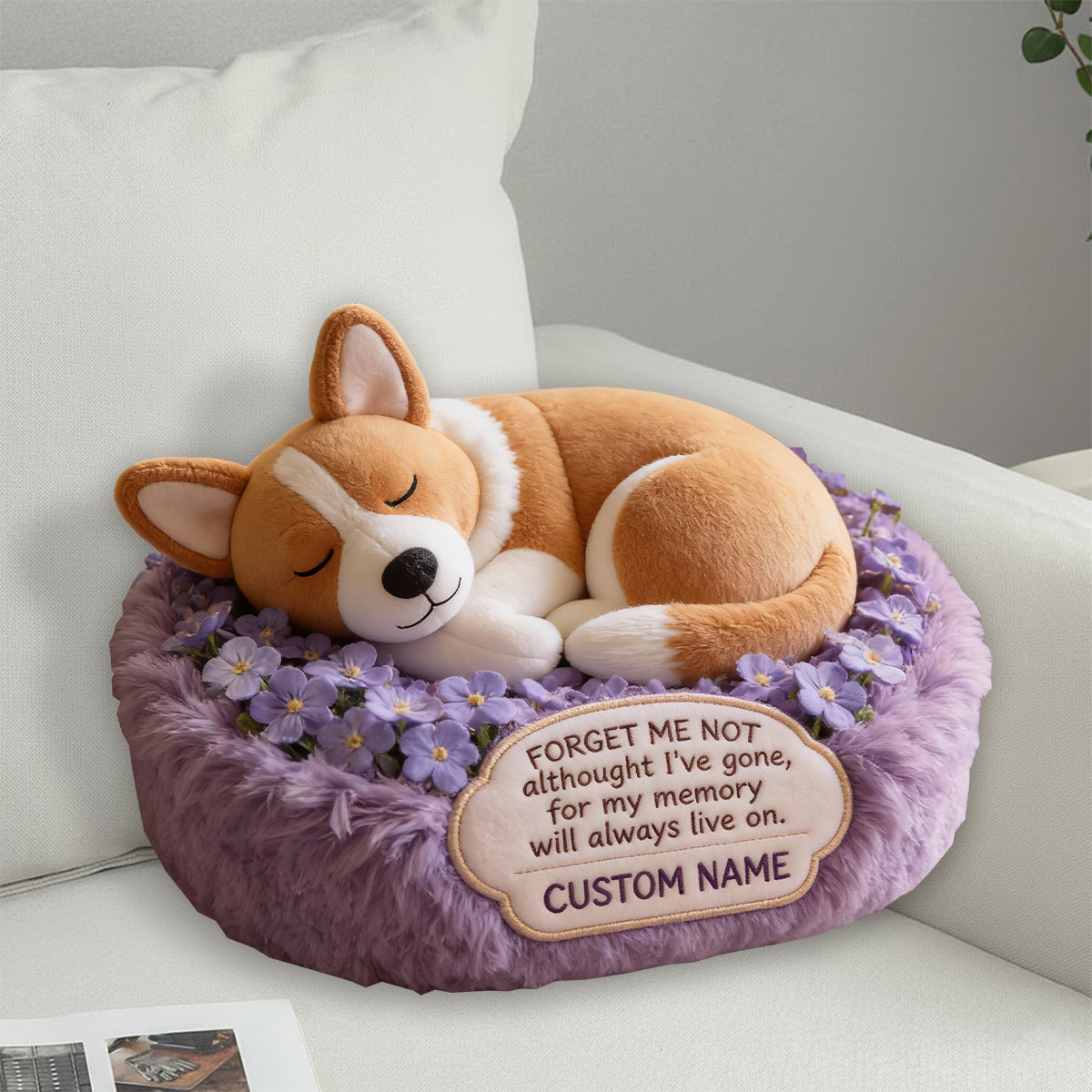 Vergissmeinnicht-Gedenkkissen für geliebte Haustiere – personalisiertes Kissen in Hundeform aus Kunstfell