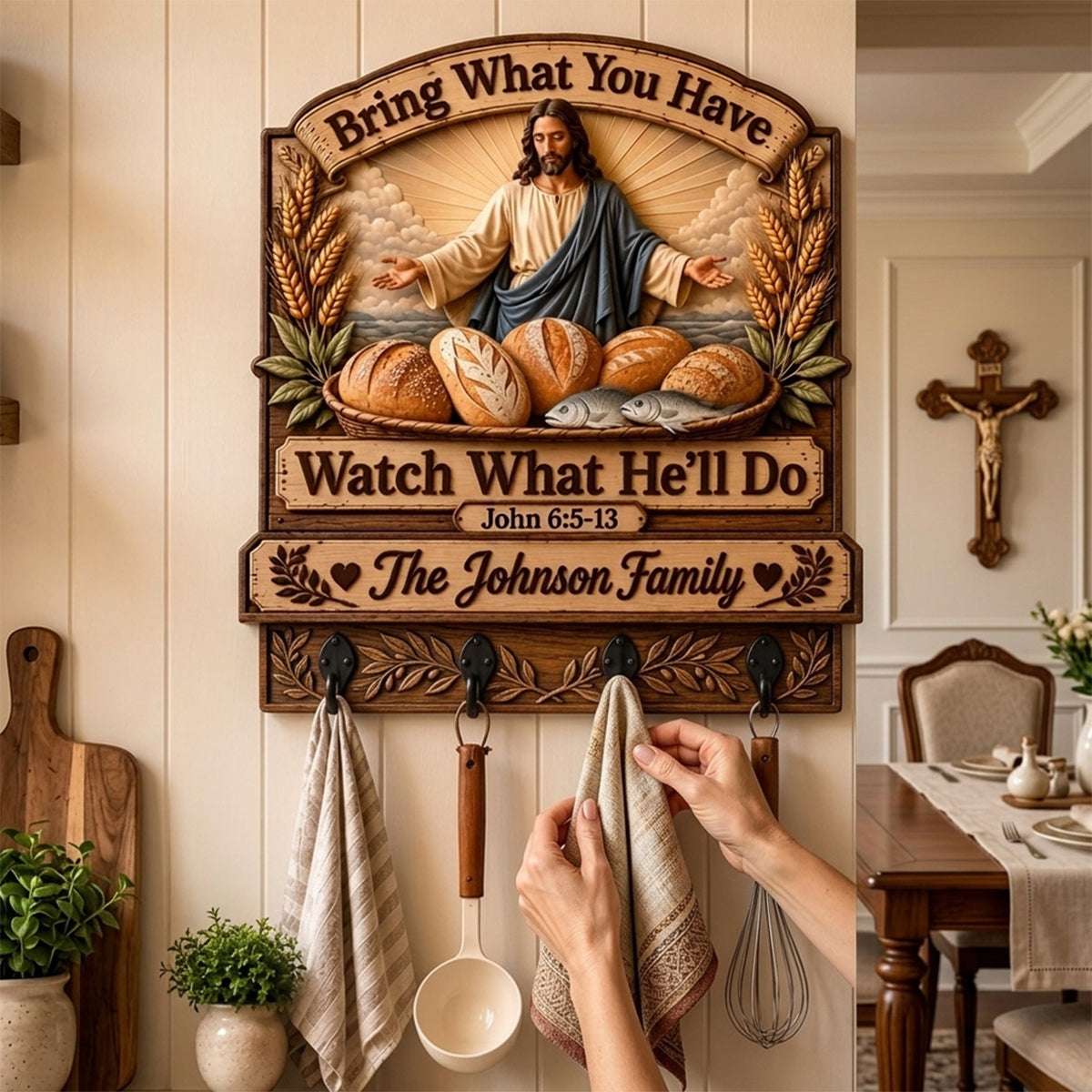 Bring What You Have Watch What He'll Do, Wall Hook Rack, Utensil Hooks, Kitchen Towel Hooks - Personalized Christian Custom Shaped Wall Hook Rack