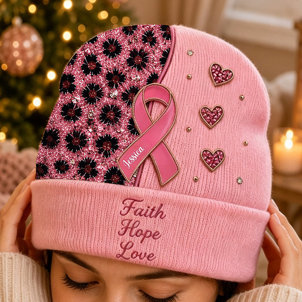 Faith Hope Love - Personalized Breast Cancer Awareness Beanie Hat