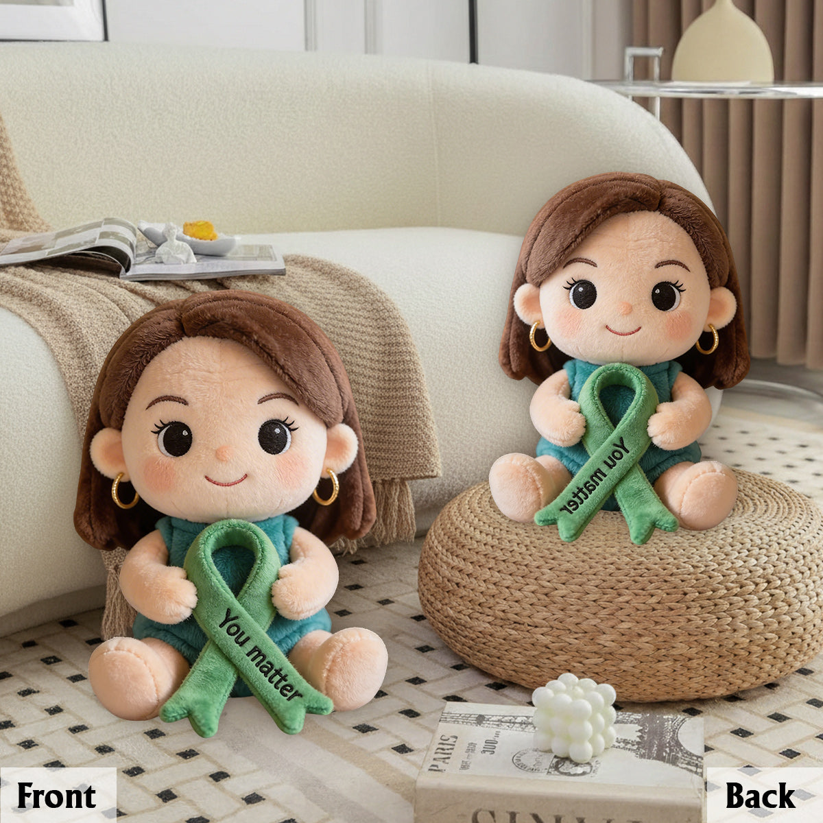 Never Give Up Green Ribbon - Personalized Mental Health Awareness Premium Faux Fur Pillow