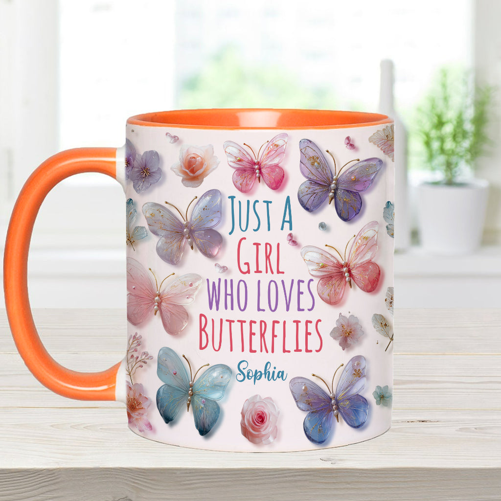 Einfach ein Mädchen, das Schmetterlinge liebt – personalisierte Tasse mit Schmetterlingsmotiv