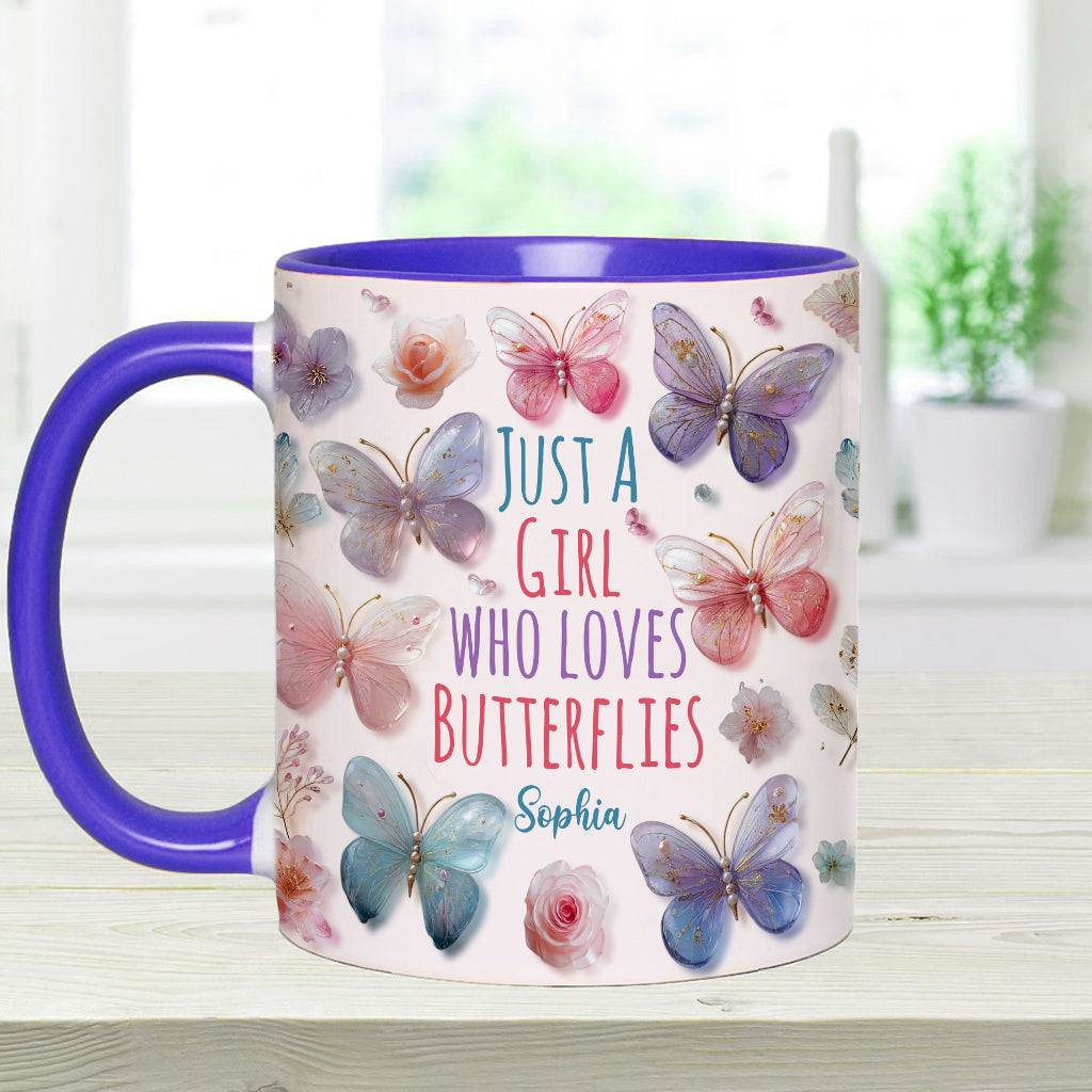 Einfach ein Mädchen, das Schmetterlinge liebt – personalisierte Tasse mit Schmetterlingsmotiv
