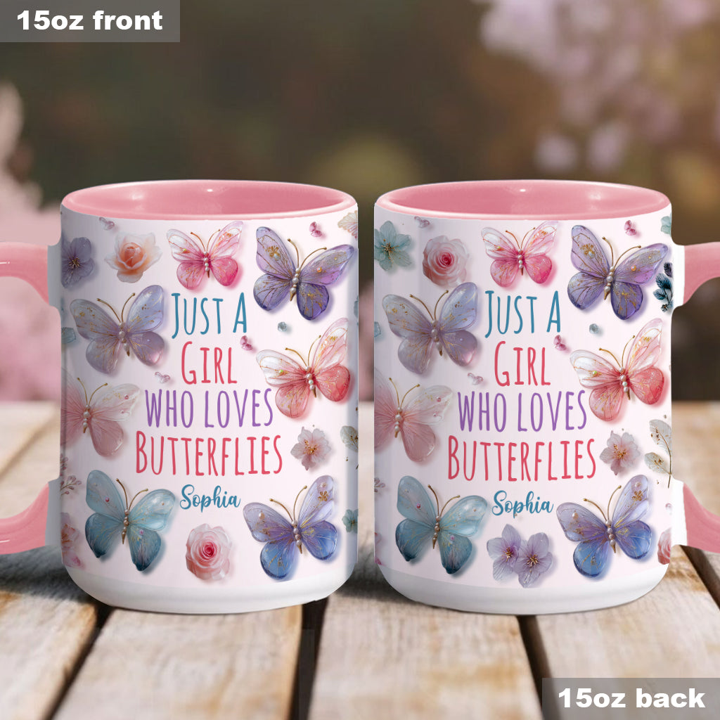 Einfach ein Mädchen, das Schmetterlinge liebt – personalisierte Tasse mit Schmetterlingsmotiv