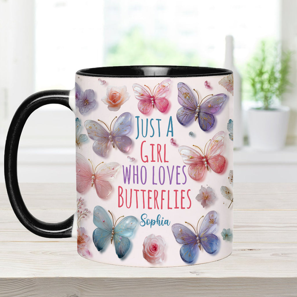 Einfach ein Mädchen, das Schmetterlinge liebt – personalisierte Tasse mit Schmetterlingsmotiv