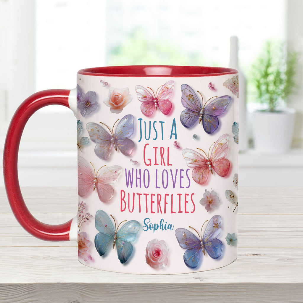 Einfach ein Mädchen, das Schmetterlinge liebt – personalisierte Tasse mit Schmetterlingsmotiv