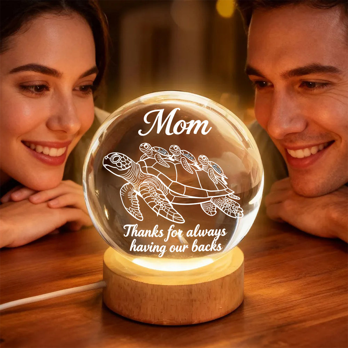 Thanks for Always Having Our Backs - Personalized Turtle Crystal Ball Night Light