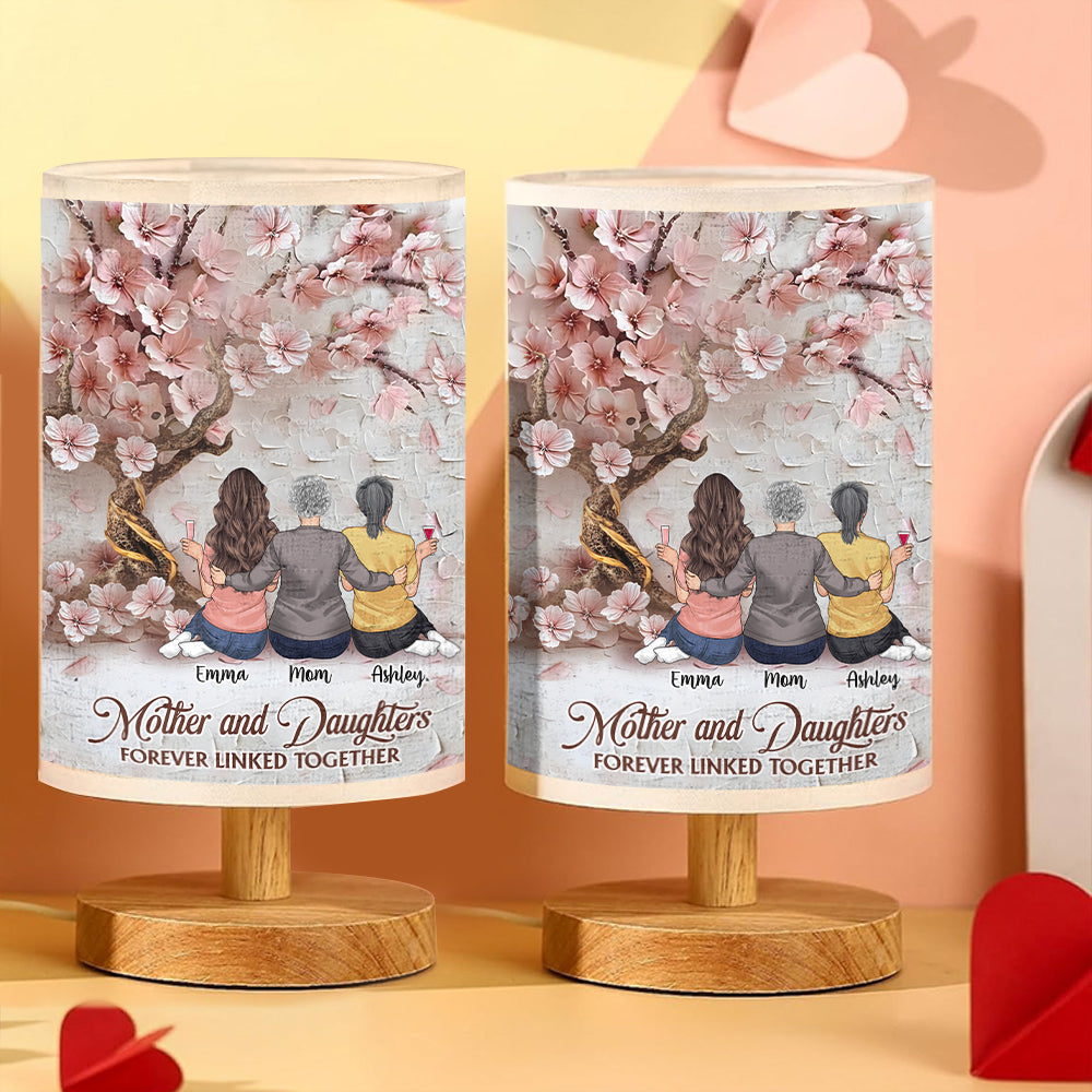 Mutter und Töchter – für immer verbunden – Personalisierte Tischleuchte für Mütter mit Holzsockel
