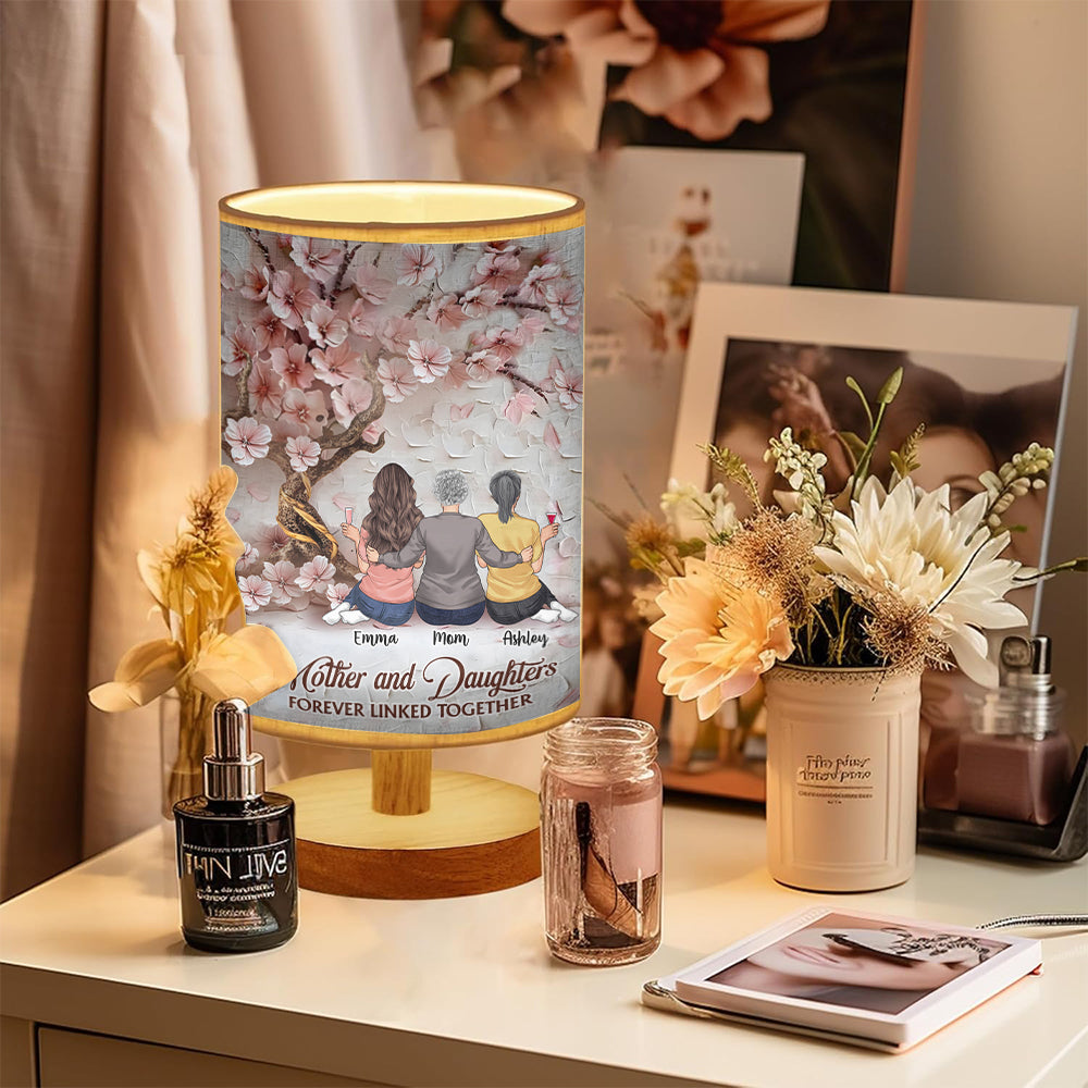 Mutter und Töchter – für immer verbunden – Personalisierte Tischleuchte für Mütter mit Holzsockel