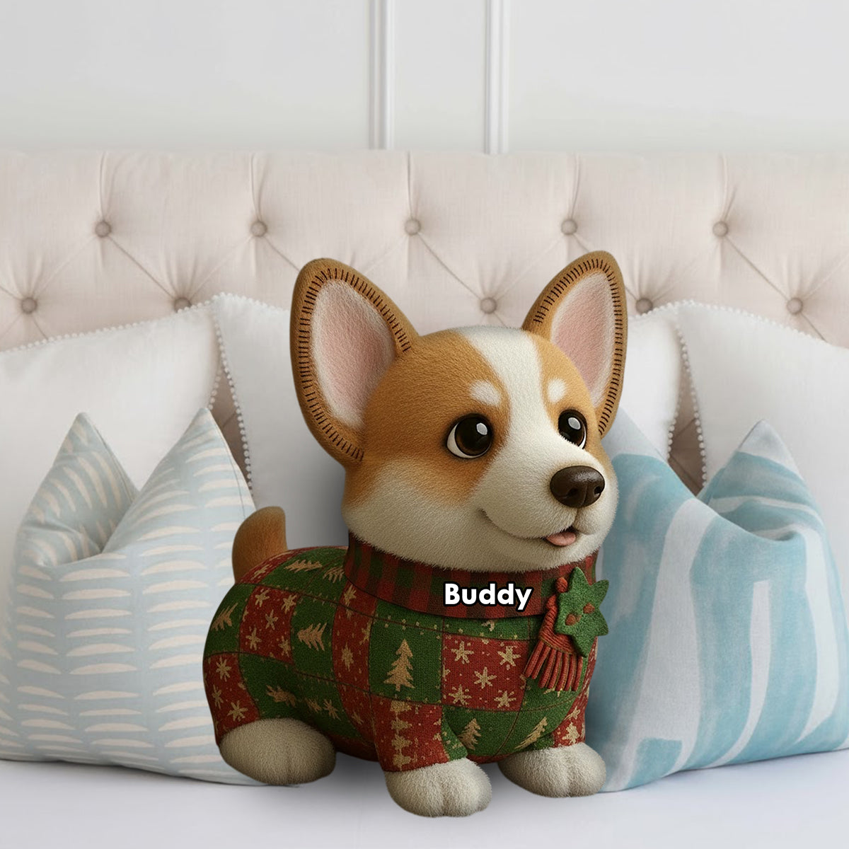 Weihnachtsdecke mit Hundemotiv – Personalisiertes Kissen in Hundeform aus Kunstfell