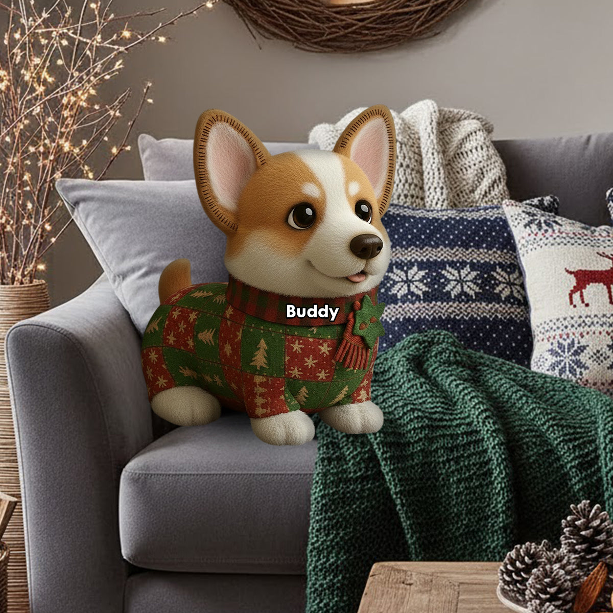 Weihnachtsdecke mit Hundemotiv – Personalisiertes Kissen in Hundeform aus Kunstfell