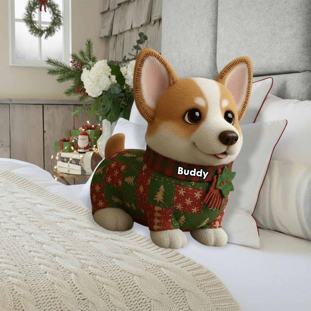 Weihnachtsdecke mit Hundemotiv – Personalisiertes Kissen in Hundeform aus Kunstfell