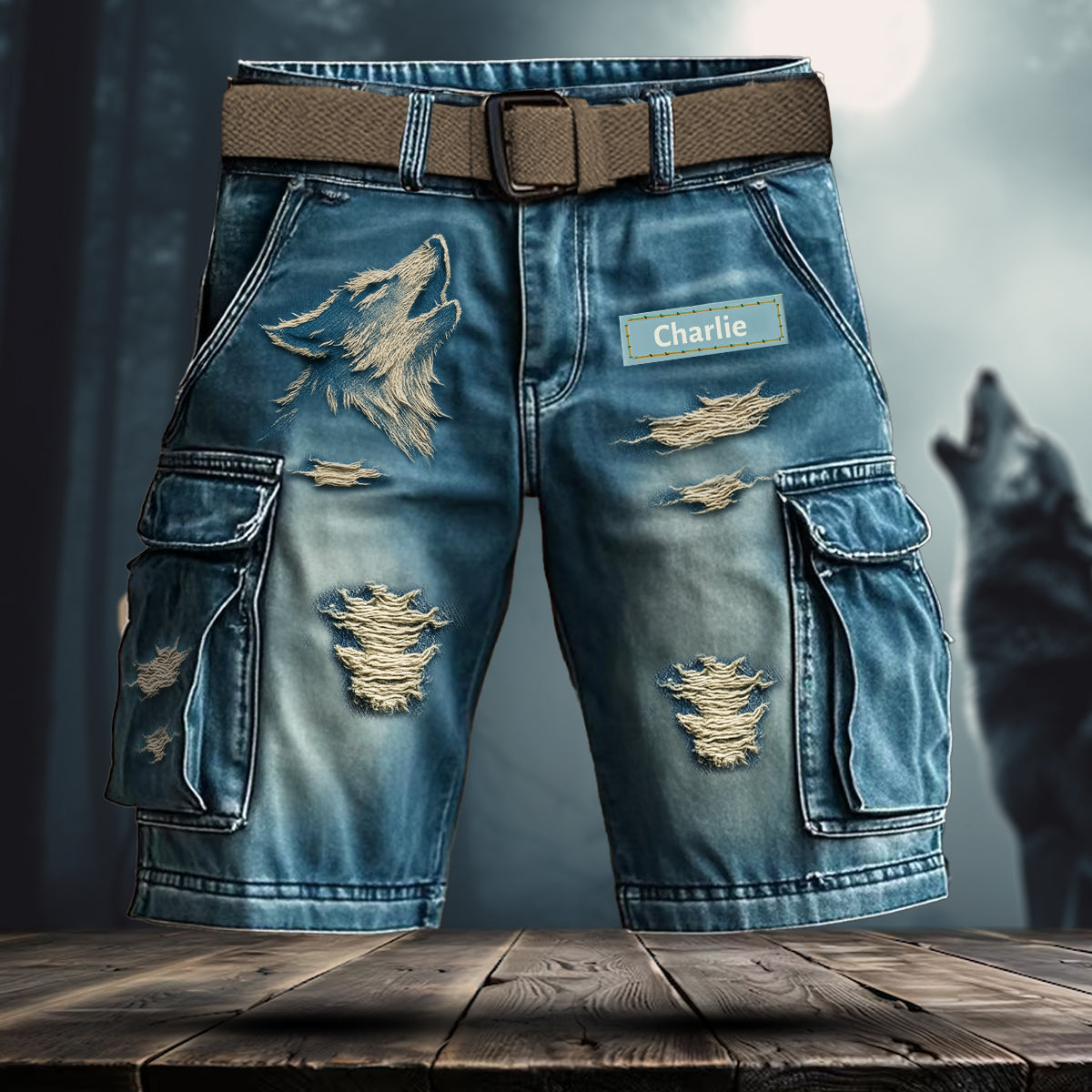 Coole, im Used-Look gehaltene Wolfs-Cargoshorts mit Gürtel