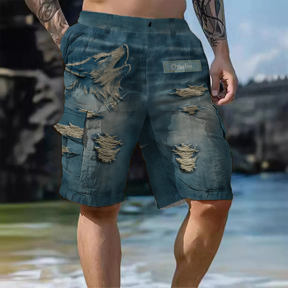 Coole, im Used-Look gehaltene Wolfs-Cargoshorts mit Gürtel