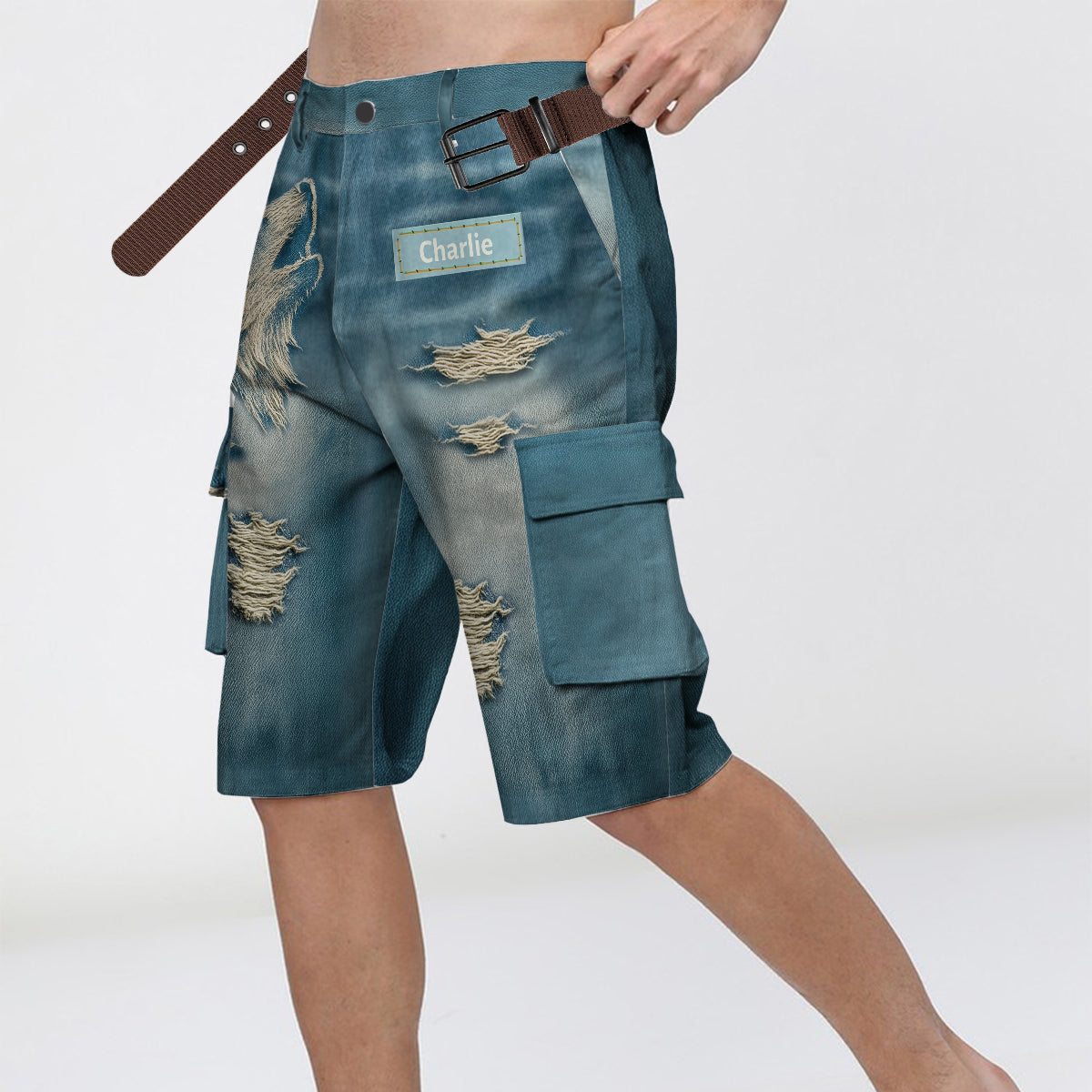Coole, im Used-Look gehaltene Wolfs-Cargoshorts mit Gürtel