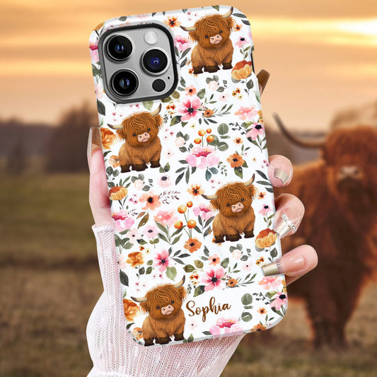 Floral Highland Cow - Personalized Highland Cow Full Print Phone Case