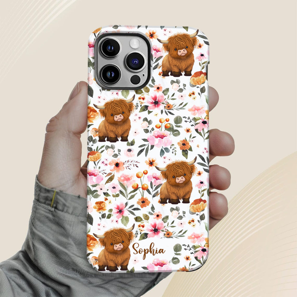 Handyhülle mit Blumenmuster und Hochlandrind – Personalisierte Handyhülle mit Hochlandrind-Vollbild