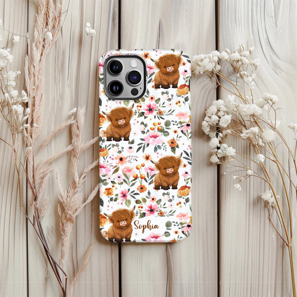 Handyhülle mit Blumenmuster und Hochlandrind – Personalisierte Handyhülle mit Hochlandrind-Vollbild