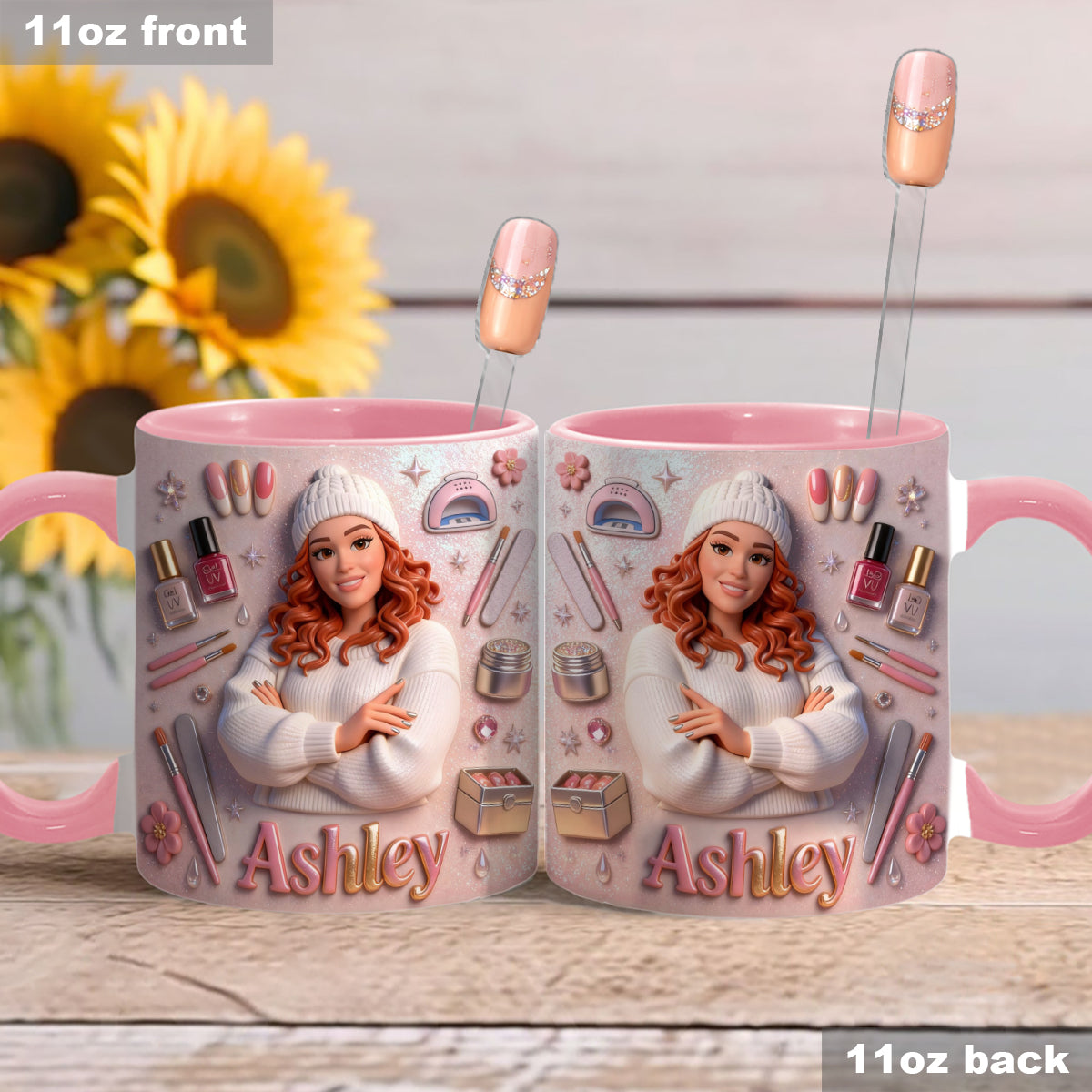 Love Nails Design, Gift for Girl - Personalized Nail Salon Set Accent Mug with Acrylic Stirrers