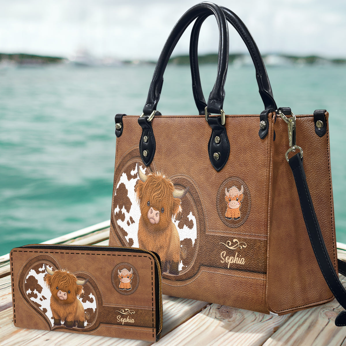 Liebe zum Hochlandrind – Personalisierte Handtasche und lange Ledergeldbörse aus Hochlandrindleder