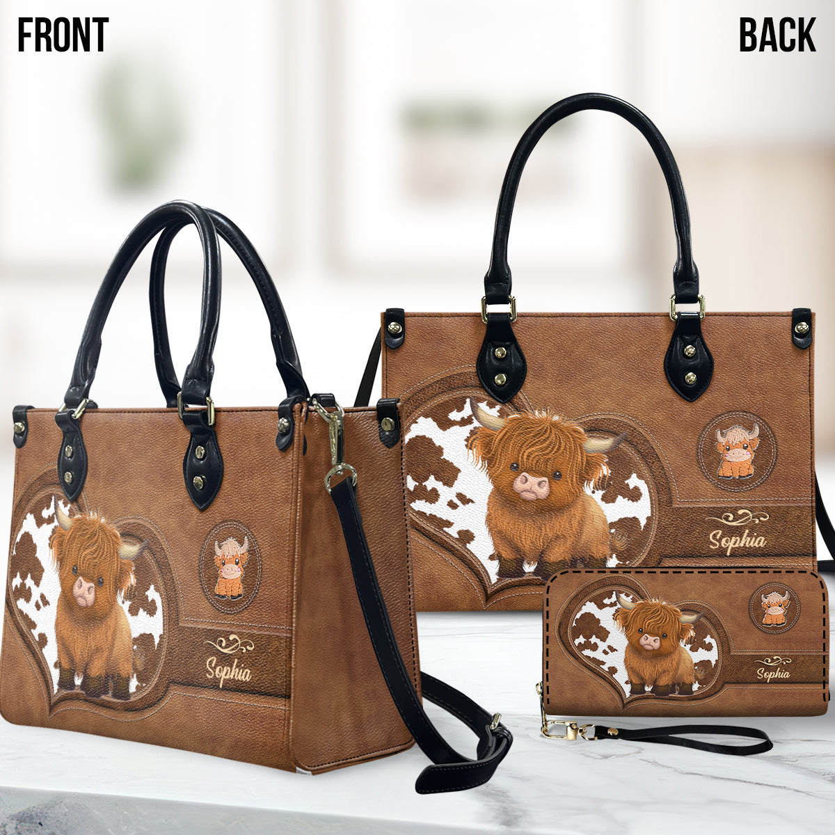 Liebe zum Hochlandrind – Personalisierte Handtasche und lange Ledergeldbörse aus Hochlandrindleder