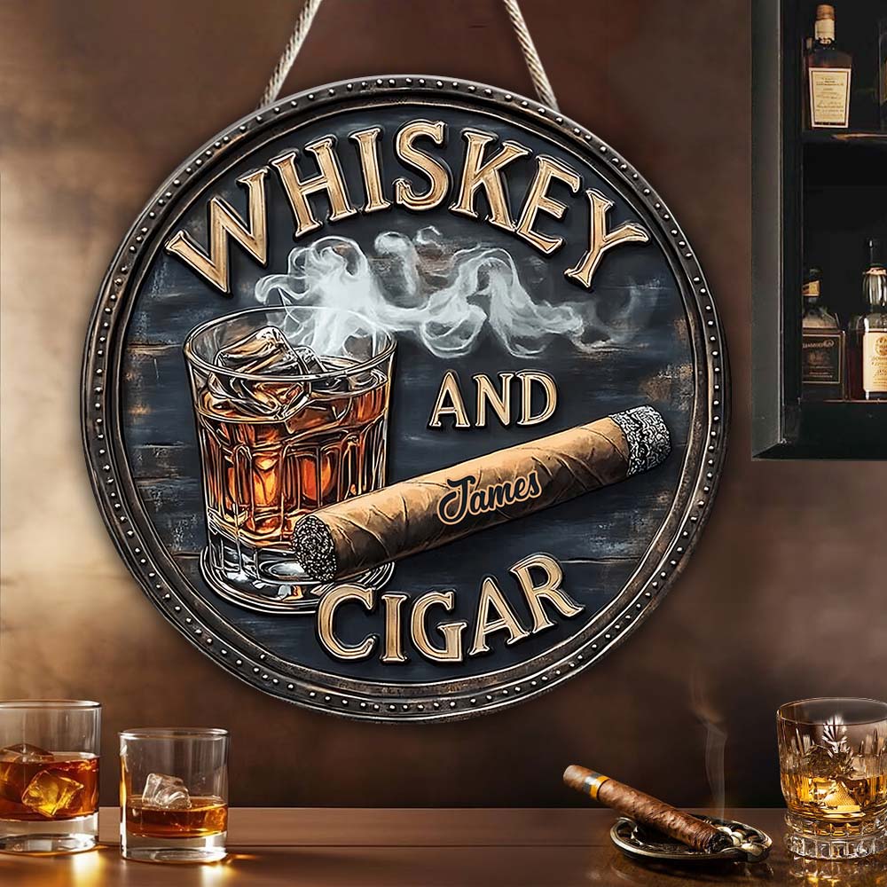 Whisky und Zigarre – Personalisiertes rundes Whisky-Holzschild