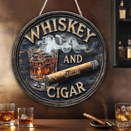 Whiskey And Cigar - Personalized Whisky Round Wood Sign