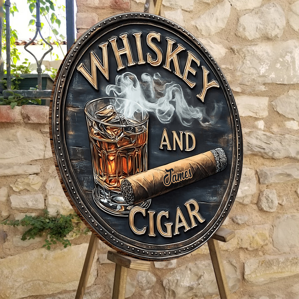 Whisky und Zigarre – Personalisiertes rundes Whisky-Holzschild