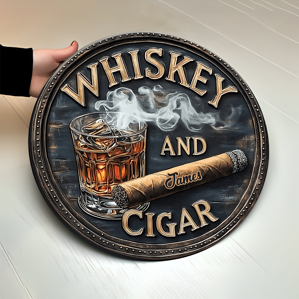 Whisky und Zigarre – Personalisiertes rundes Whisky-Holzschild