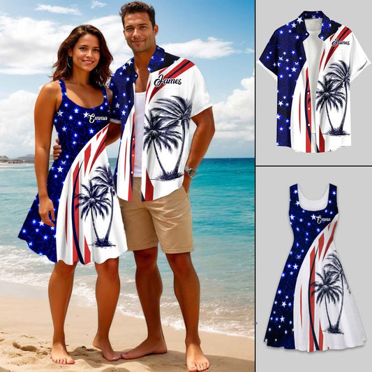 Patriotisches Hawaii-Strandoutfit mit amerikanischer Flagge und Kokosnussbaum-Print für Paare – personalisiertes Hawaiihemd und ärmelloses Kleid für Paare