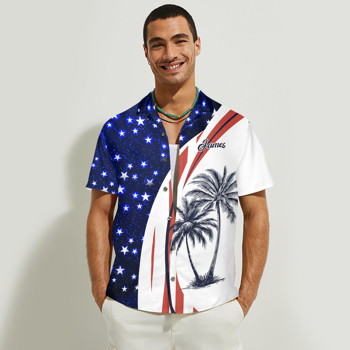 Patriotisches Hawaii-Strandoutfit mit amerikanischer Flagge und Kokosnussbaum-Print für Paare – personalisiertes Hawaiihemd und ärmelloses Kleid für Paare