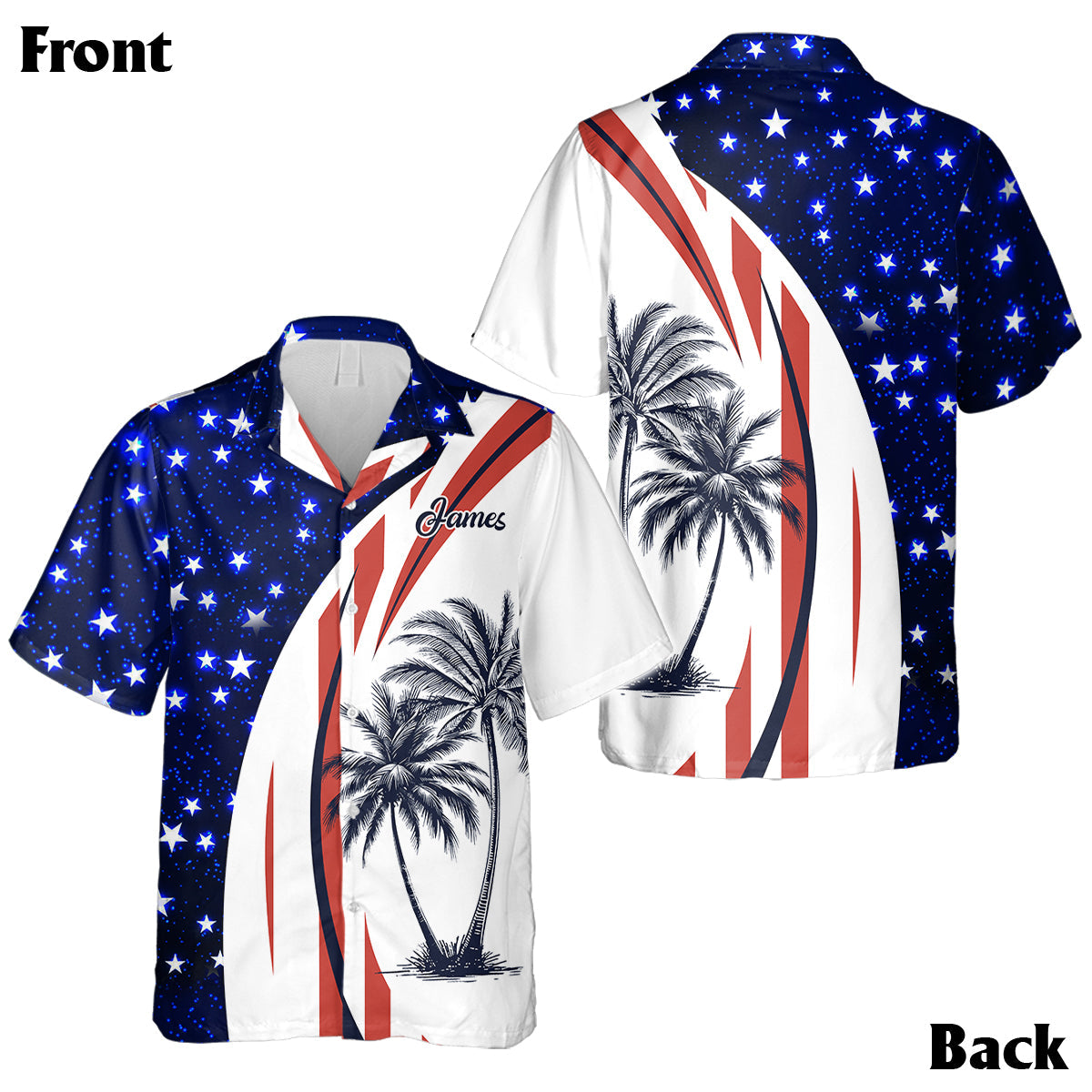 Patriotisches Hawaii-Strandoutfit mit amerikanischer Flagge und Kokosnussbaum-Print für Paare – personalisiertes Hawaiihemd und ärmelloses Kleid für Paare