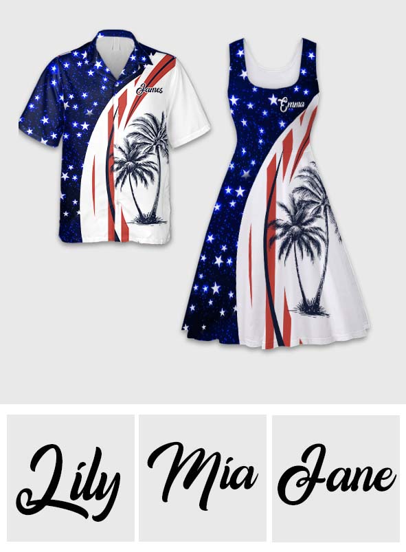 Patriotisches Hawaii-Strandoutfit mit amerikanischer Flagge und Kokosnussbaum-Print für Paare – personalisiertes Hawaiihemd und ärmelloses Kleid für Paare