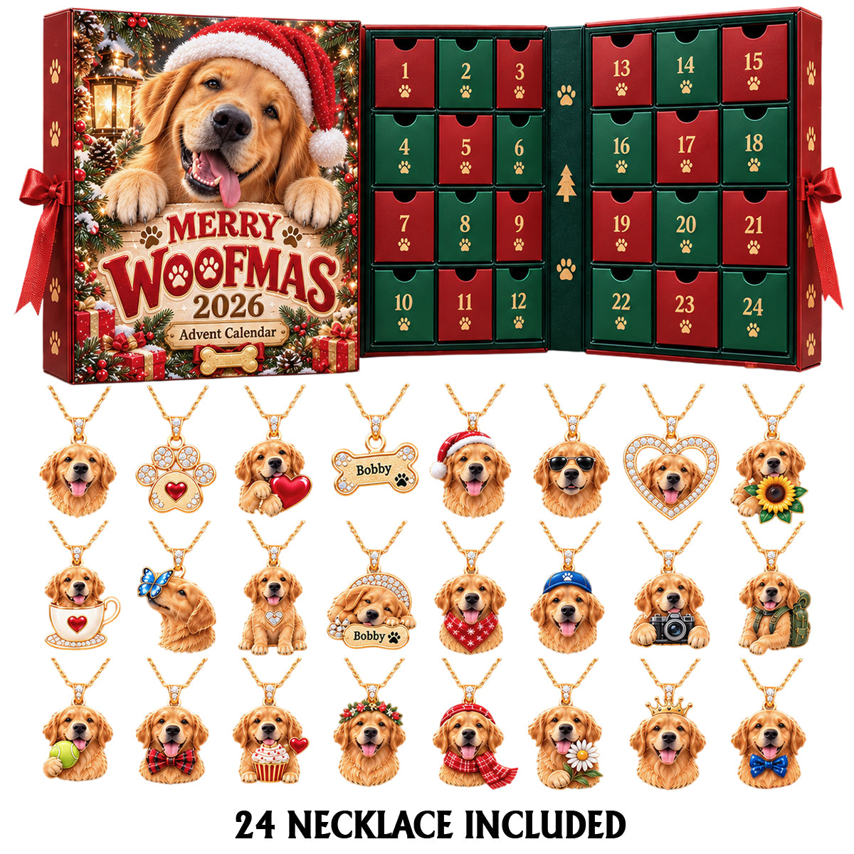 Merry Woofmas 24-Day Gift Box - Personalized Dog Advent Calendar Necklace Set