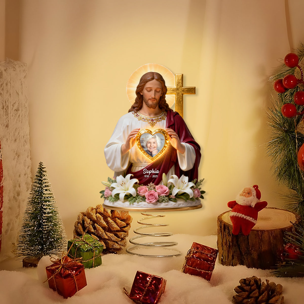 Gott hält dich in seinen Armen – Personalisierte christliche LED-Lichterbaumspitze