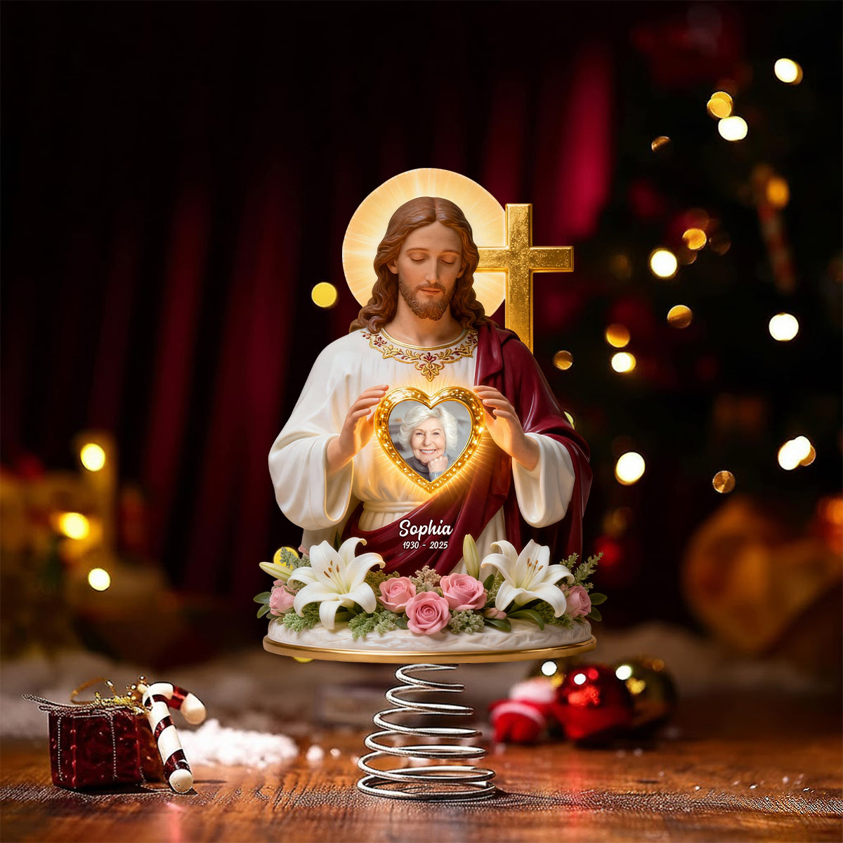 Gott hält dich in seinen Armen – Personalisierte christliche LED-Lichterbaumspitze