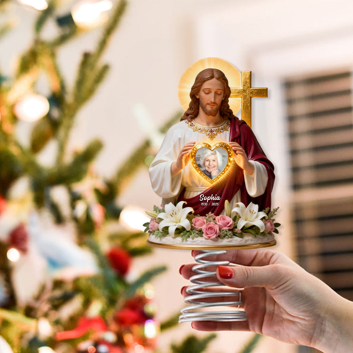 Gott hält dich in seinen Armen – Personalisierte christliche LED-Lichterbaumspitze